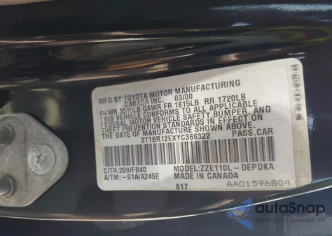 2000 Toyota Corolla Ce из США, поврежденный, VIN 2T1BR12EXYC366322